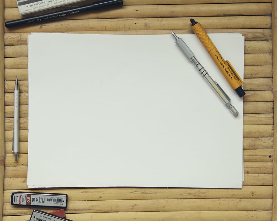 HD wallpaper: white paper beside pens and erasers on top of brown ...